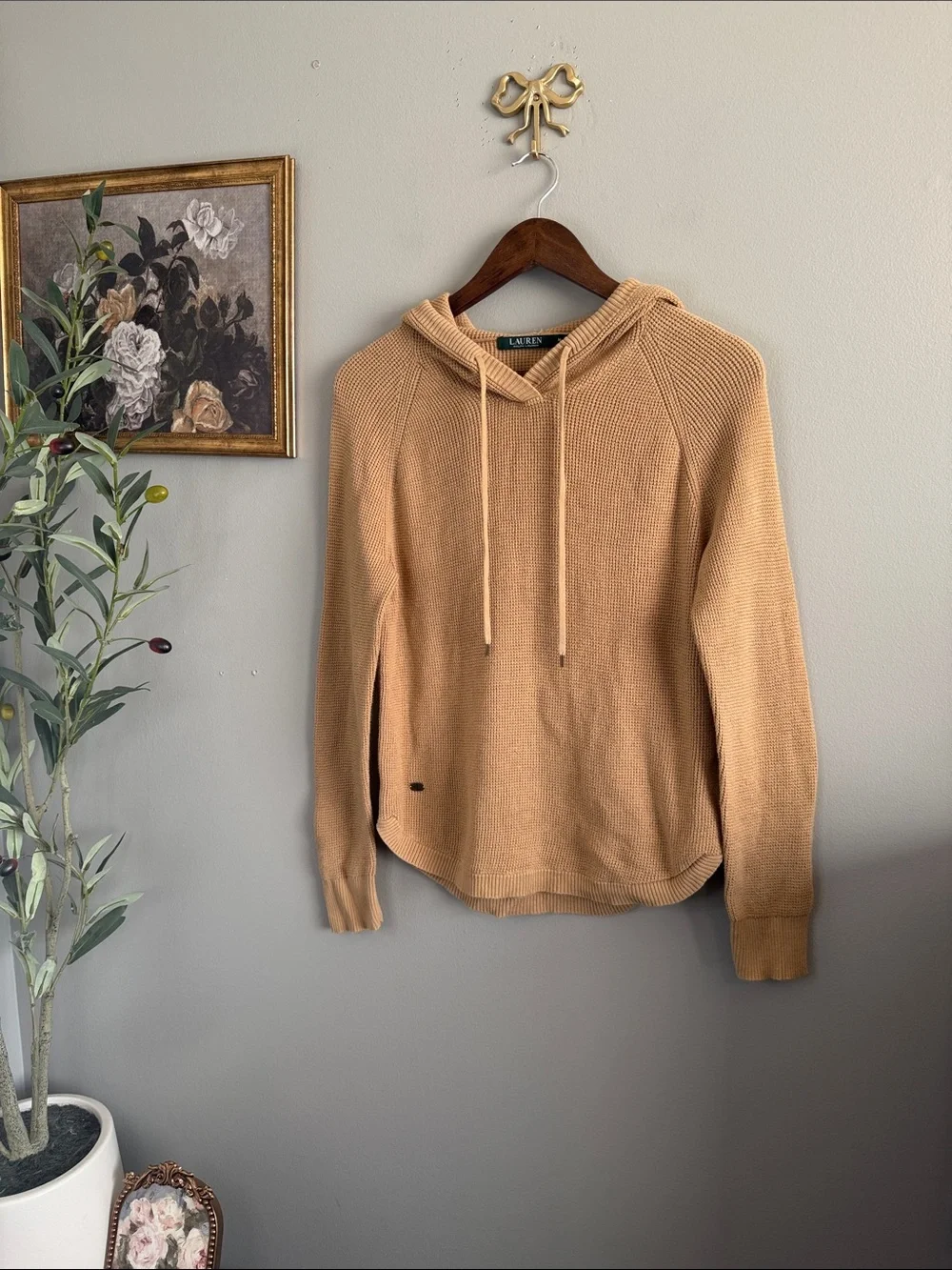Lauren Ralph Lauren Hooded Waffle Knit Sweater Hoodie Tan 100% Cotton Medium